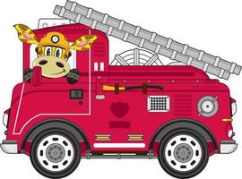 schattig tekenfilm giraffe brandweer en brand motor vector