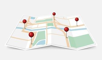 gevouwen papieren stadskaart met rode speldwijzer, vectorillustratie
