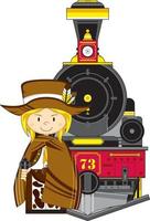 schattig tekenfilm wild west cowboy revolverheld in poncho met stoom- trein vector