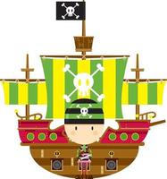 schattig tekenfilm roekeloos piraat met schip vector