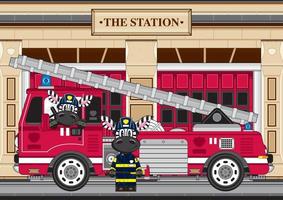 tekenfilm zebra brandweerman en brand motor Bij station vector