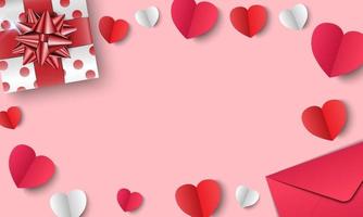 Valentijnsdag achtergrond, geschenken, envelop en papieren hartjes op roze achtergrond, vectorillustratie vector