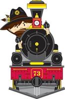 schattig tekenfilm wild west cowboy sheriff met stoom- trein vector