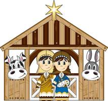 tekenfilm Maria en Joseph met baby Jezus Bij stal illustratie vector