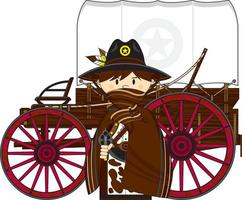 schattig tekenfilm wild west gemaskeerd cowboy sheriff met Chuck wagon vector