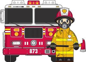 schattig tekenfilm brandweerman en brand motor vector