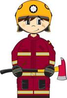 schattig tekenfilm uk brandweerman karakter met bijl vector