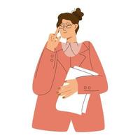 bedrijf concept vector illustratie. een vrouw in een pak houdt werk papieren en past zich aan haar bril