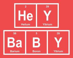 Hallo baby. helium, yttrium, barium en boor. grappig uitdrukking met de periodiek tafel van de chemisch elementen Aan een rood achtergrond. vector