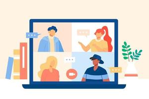vrienden online video roeping. vlak stijl illustratie van laptop scherm met mensen vergadering Aan een video chatten. vector