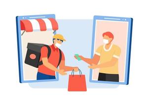 vlak stijl illustratie, van levering jongen overhandigen boodschappen doen zak naar klant. vrouw geven geld voor haar bestellen naar koerier Mens. beide vervelend gezicht maskers en tonen omhoog van slim telefoon. vector