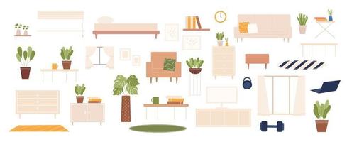 huis verwant element verzameling van binnen- meubilair ontwerp in vlak illustratie. geïsoleerd Aan wit achtergrond. vector
