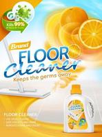 verdieping schoonmaakster advertenties, oranje geur vloeistof met fruit twister elementen, en dweilen schoonmaak verdieping in 3d illustratie vector