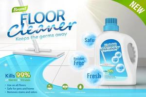 verdieping schoonmaakster advertenties, Product pakket ontwerp met meerdere werkzaamheid in 3d illustratie, dweilen schoonmaak betegeld vloer. vector