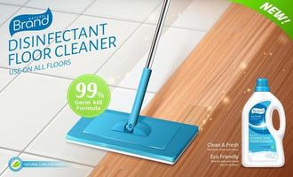 3d illustratie van realistisch dweilen schoonmaak verdieping met ontsmettingsmiddel wasmiddel. advertentie sjabloon lay-out van bleken of verdieping schoner. vector