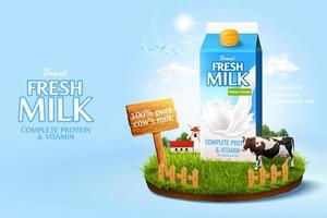 3d melk advertentie sjabloon voor Product Scherm. melk pak mock-up reeks in een miniatuur boerderij eiland Aan zonneschijn lucht achtergrond. vector