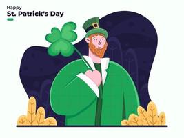 st patrick's day met persoon die kabouterkostuum draagt en klaver of klaverblad brengt. vlakke afbeelding van de viering van de dag van saint patrick. geschikt voor wenskaart, banner, uitnodiging. vector