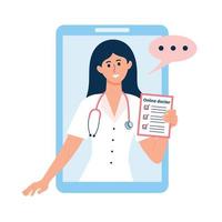 vrouwelijke arts die online overleg geeft via smartphone. digitale zorg, online medisch consult en ondersteuning. vector
