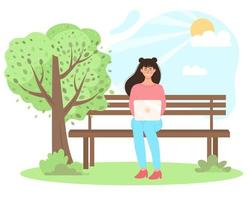 jong vrouw zittend Aan de bank in de park en werken met laptop. freelance, werken, aan het studeren, opleiding, werk van huis, gezond levensstijl concept. vector