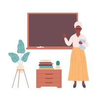 oud zwart vrouw leraar Bij klas in de buurt schoolbord. opleiding, lezing en les Bij school. vector