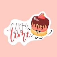 taart tijd sticker. chocola brownie met aardbeien sticker. bakkerij logo. vector illustratie van bakkerij en banketbakkerij.