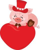 schattig varken met rood hoed Aan top van groot rood hart vector