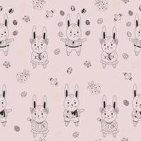 gelukkig Pasen naadloze patroon. Pasen-patroon van konijnen-jongens en meisjes-hazen, eieren, vogels en vlinders op een roze achtergrond. vector. schets. voor ontwerp, decor, bedrukking, verpakking en behang vector