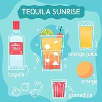 tequila zonsopkomst cocktail in glas met ijs en munt. klassiek zomer aperitief recept plein kaart. minimaal poster met alcoholisch drank. vector helder illustratie.muur decoratie, afdrukken, menu ontwerp