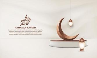 een poster voor Ramadan met een halve maan en een lamp Aan een wit podium vector