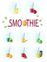 kleurrijk smoothie icoon reeks met fruit en bessen. ontgiften eetpatroon vector illustratie. wortel, avocado, aardbei, mango, watermeloen, ananas, oranje schudden sap.