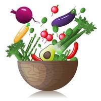 groenten in een houten kom geïsoleerd Aan een wit achtergrond. gezond voedsel vector illustratie
