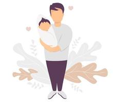 gelukkige vader. een man staat vol met een pasgeboren baby in zijn armen. tegen de achtergrond van een van tropische bladeren en planten. vector illustratie. gelukkig gezin - jonge vader en baby