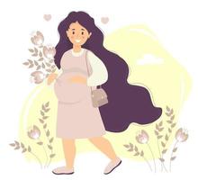 toekomstig moederschap. gelukkige zwangere vrouw met lang haar in jurk knuffels zachtjes haar buik met één hand en houdt een boeket bloemen met de andere. aan de schouder hangt een tas. vector illustratie