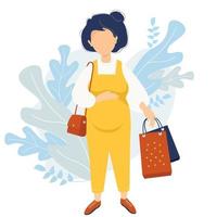 moederschap en winkelen. gelukkige zwangere vrouw in gele jumpsuit knuffelt teder haar buik met één hand en houdt tassen uit de winkel met de andere. kleine tas hangt aan de schouder. vector illustratie