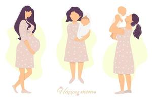 vector set van moederschap en zwangerschap. gelukkige zwangere vrouw streelde haar buik met haar handen, en leuke gelukkige om met een pasgeboren baby in haar armen. vlakke afbeelding. geïsoleerd