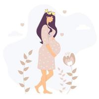 moederschap. gelukkige jonge zwangere vrouw met een krans van bloemen op haar hoofd koestert haar buik met handen. staat tegen een achtergrond van bladeren, bloemen, harten en wolken. vector illustratie