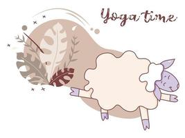 yoga tijd. een schattig speels schaap dat yoga doet, in een asana staat, fitness en stretching, een hobby. schapen yoga op een decoratieve achtergrond met tropische bladeren en decor. vector. geïsoleerd op wit vector