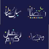 verbijsterend Ramadan kareem schoonschrift in wit glanzend effect met levendig kleuren voor Islamitisch feestelijk ontwerpen vector