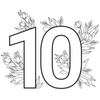 bloem nummer tien. decoratief patroon 10 met bloemen, tulpen, knoppen en bladeren. vectorillustratie geïsoleerd op een witte achtergrond. lijn, overzicht. voor wenskaarten, print, design en decoratie vector