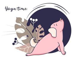 yoga huisdieren. een schattige hond houdt zich bezig met fitness en sport, strekt zich uit in een asana. vector. illustratie op een decoratieve blauwe achtergrond met tropische bladeren en bessen. yoga tijd en hobby concept vector