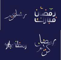 Ramadan kareem schoonschrift pak met wit glanzend effect en kleurrijk details vector