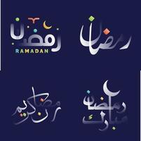 glanzend Ramadan kareem schoonschrift pak met levendig kleuren en ontwerp elementen vector