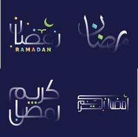 glanzend wit Ramadan kareem schoonschrift pak met kleurrijk Islamitisch meetkundig patronen en bloemen ontwerpen vector