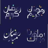 elegant en modern Ramadan kareem schoonschrift in wit glanzend effect met levendig kleuren voor feestelijk ontwerpen vector