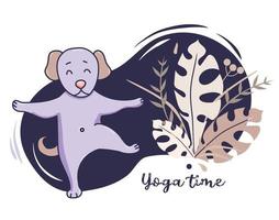 yoga huisdieren. schattige hond gaat sporten en strekt zich uit, staat in een asana die een poot opheft op een decoratieve blauwe achtergrond met tropische bladeren en decor. vector. yoga hobby en tijd concept. plat ontwerp vector