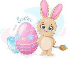 gelukkig Pasen ansichtkaart met tekenfilm konijn, eieren en verf borstel vector