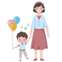 moeder Leidt haar zoon door de hand, de kind houdt een bundel van ballonnen in zijn handen vector