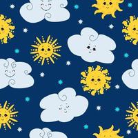 naadloze patroon. schattige gele zon met een gezicht en een glimlach op een blauwe achtergrond met wolken en sterren. vector