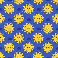 naadloze patroon. schattige gele zon met gezicht en glimlach op een blauwe achtergrond met wolken. vector. ontwerp, decor, verpakking, bedrukking, behang, textiel, vector