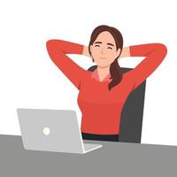 gelukkig zakenvrouw kom tot rust in stoel in kantoor afgeleid van computer werk. glimlachen vrouw werknemer nemen dutje dagdroom Bij bureau Bij werkplek. vector illustratie.